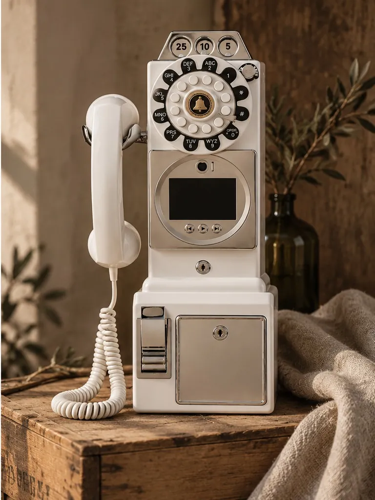 Video-Telefon: weisses Münztelefon im Retro-Stil mit Wählscheibe und Bildschirm, auf einer alten Holzkiste