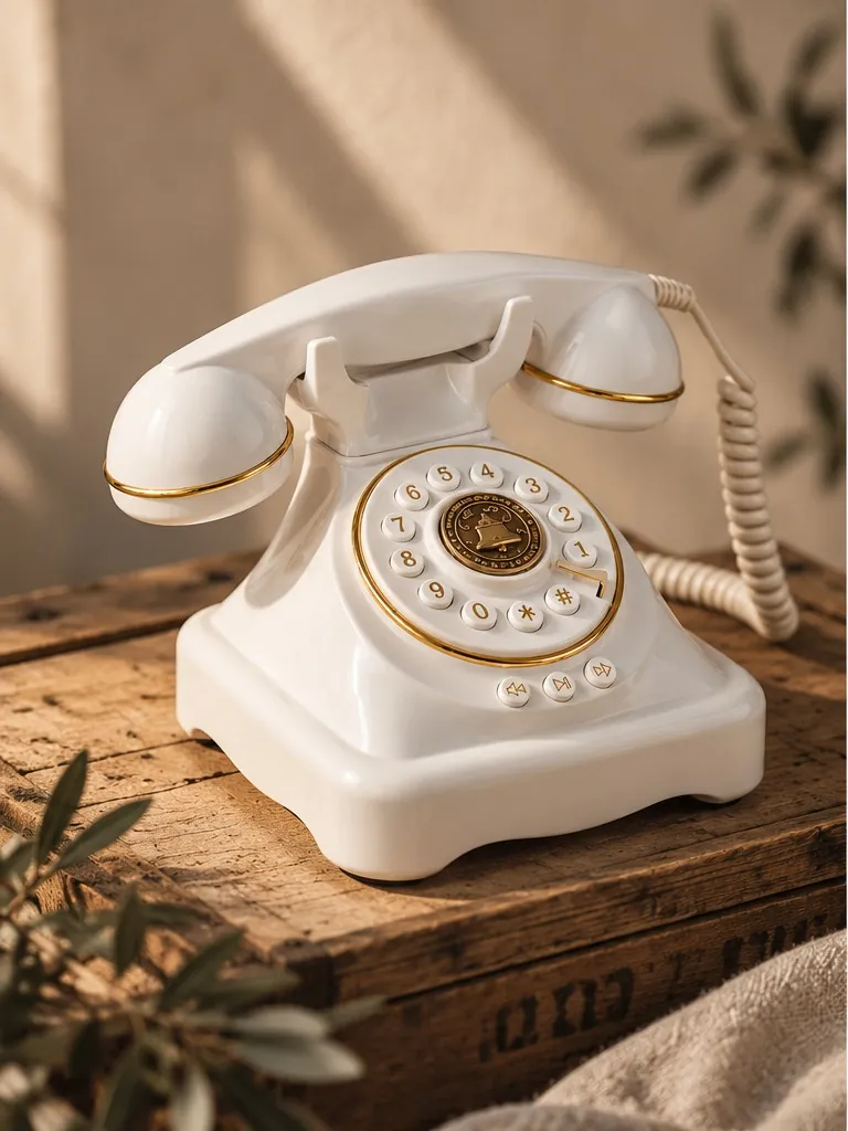 Audio-Telefon: weisses Tischtelefon im Stil der alten Wählscheibentelefone mit goldenen Ringen, auf einer Holzkiste
